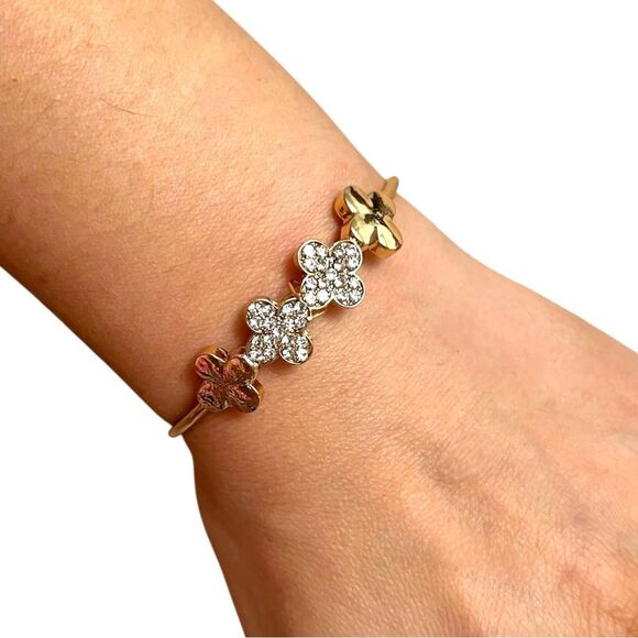 Elegant Four Clover Clear Rhinestone Gold Open Cuff Bracelet - Picture 3 of 3